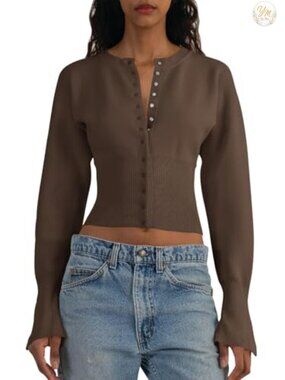 Cropped V-Neck Button Down Cardigan for Women Soft Stretch Knit Sweater